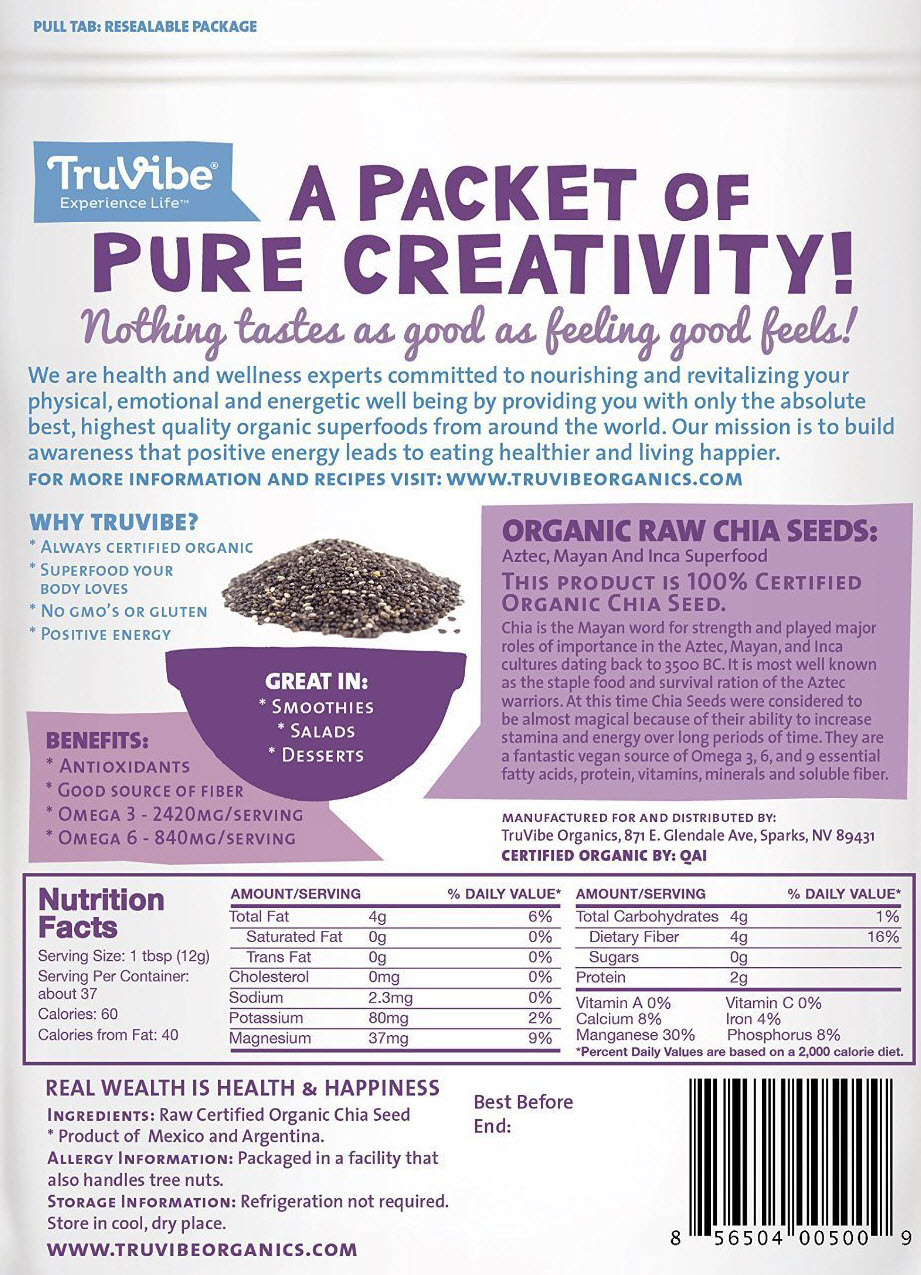 เมล็ดเชีย	TruVibe 100Percentage of Organic Raw Chia Seeds (8 Ounce)